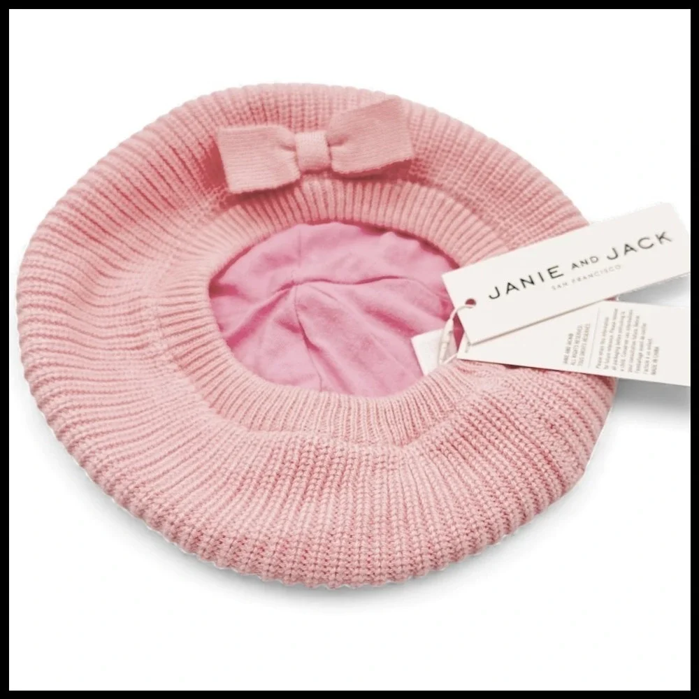 Janie & Jack Snowdrift 2021 Baby Girl Pink Knit Sweater Beret Hat 12-24M NWT Bow